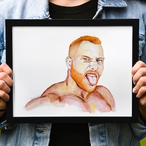 GAY ART PRINT - Cheeky Redhead Watercolor Painting, Portrait Of Muscled Ginger Haired Man Sticking His Tongue Out, Gay Interest
