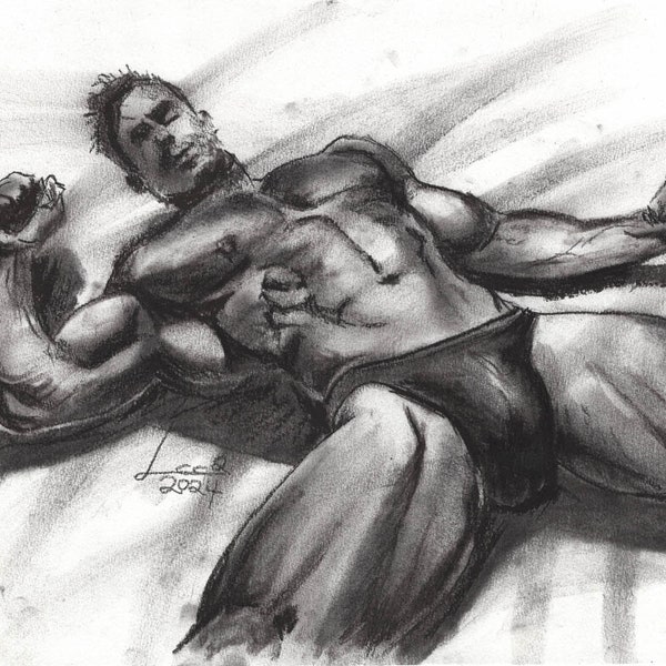 Original Gay Art - Charcoal drawing, Male Nude, Muscle Man