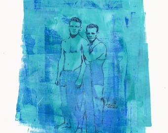 ORIGINAL GAY ART: Vintage Gay Lovers in Bathing Suits - Lgbtq Wall Art, Gay Couple Decor, Romantic Male Painting, Gay Pride Gift