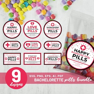 Paquete de etiquetas de píldoras de la felicidad para despedida de soltera SVG PNG, píldoras del amor, píldoras para la resaca, clipart divertido de fiesta de bodas, despedida de soltera, Cricut, archivo de corte