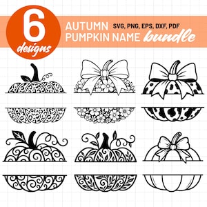 Puede incluir: Un paquete de diseños digitales con seis diseños de calabazas para el otoño. Los diseños incluyen calabazas con lazos, detalles florales y patrones. El texto incluye "AUTUMN PUMPKIN NAME bundle" y "6 designs".