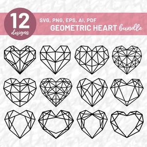 Może przedstawiać: Kolekcja 12 geometrycznych wzorów serca w kolorze czarnym, każdy z unikalnym wzorem wielokątnym. Obraz zawiera tekst "SVG, PNG, EPS, AI, PDF" i "Geometric Heart bundle."