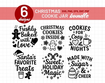 Op de afbeelding: Een digitale designbundel voor kerstkoekpotten. De afbeelding toont zes ontwerpen met feestelijke tekst en afbeeldingen, waaronder peperkoekmannetjes, sneeuwvlokken en vakantie zinnen zoals "Freshly Baked with Love" en "Santa's Favorite Treats."