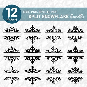 Könnte beinhalten: Eine Sammlung von 12 schwarzen Split-Schneeflocken-Designs in den Formaten SVG, PNG, EPS, AI und PDF. Die Designs zeigen verschiedene Schneeflockenmuster, die jeweils horizontal geteilt sind. Der Text "SPLIT SNOWFLAKE bundle" ist ebenfalls enthalten.