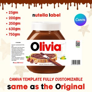 Peut inclure: Un pot de pâte à tartiner aux noisettes et au cacao, étiqueté "Olivia". L'étiquette comprend un dessin d'une tranche de pain tartinée, un verre de lait et le texte "Happy Birthday!". Les tailles des pots sont de 25g, 200g, 350g, 630g et 750g.