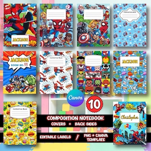May include: A collection of ten digital composition notebook covers featuring various Marvel superhero illustrations, comic book style graphics, and editable name labels. The designs include Spider-Man, Hulk, Iron Man, and Captain America with vibrant colors and comic sound effects like BANG and POW.