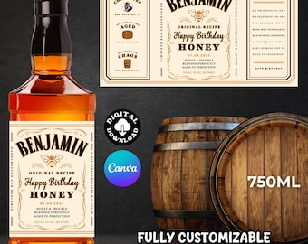 Whiskey Label Canva Template, Custom Label Printable, Personalized Label Template, Honey Whiskey, Birthday, Anniversary, Wedding, 750 ml