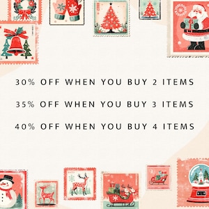 May include: A collection of Christmas-themed postage stamps in red, green, and white. The stamps feature festive designs like a Christmas tree, Santa Claus, and a snowman. Text on the image reads "30% OFF WHEN YOU BUY 2 ITEMS", "35% OFF WHEN YOU BUY 3 ITEMS", and "40% OFF WHEN YOU BUY 4 ITEMS".