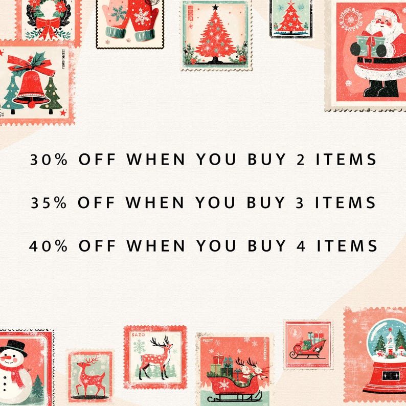 May include: A collection of Christmas-themed postage stamps in red, green, and white. The stamps feature festive designs like a Christmas tree, Santa Claus, and a snowman. Text on the image reads "30% OFF WHEN YOU BUY 2 ITEMS", "35% OFF WHEN YOU BUY 3 ITEMS", and "40% OFF WHEN YOU BUY 4 ITEMS".