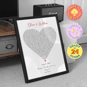 Personalized Song Any Lyrics Print, Heart Lyrics, Customizable Wedding Song Print, Vows, Poem, Heart Shaped Couples Song, Anniversary Gifts