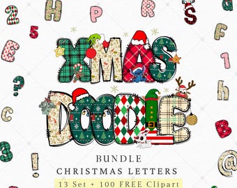 Christmas Doodle Alphabet Png Files, Christmas Letters Png, Christmas Clipart, Alphabet Doodle Set,  Christmas Sublimation, Instant Download