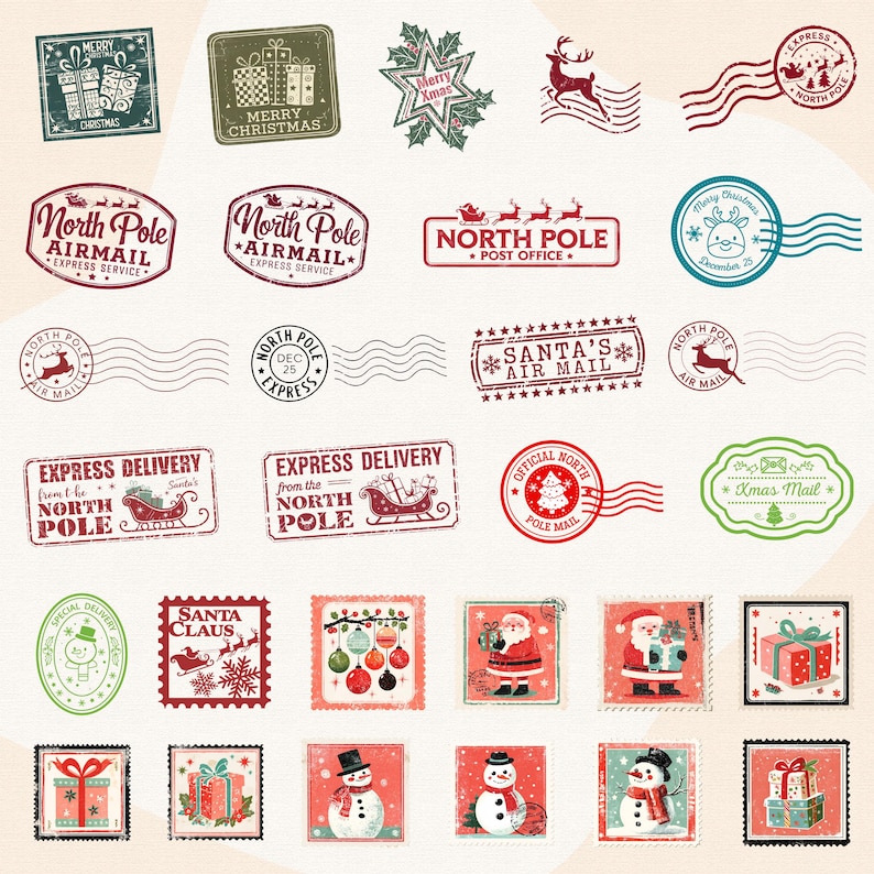 May include: A collection of vintage Christmas-themed postage stamps and seals. Designs include gift boxes, Santa Claus, reindeer, snowflakes, and the words "Merry Christmas" and "North Pole". The stamps are in various shapes and colors.