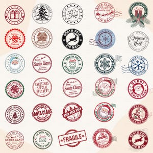 May include: A collection of Christmas-themed rubber stamps in red, green, and black ink. Designs include Santa Claus, snowflakes, Christmas trees, gift boxes, and the text "Merry Christmas" and "North Pole".
