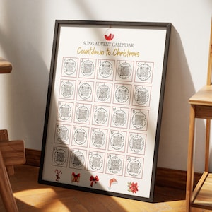 May include: A framed Song Advent Calendar Countdown to Christmas poster featuring twenty-five numbered squares, each containing a unique QR code inside a circular ornament graphic. The design includes festive icons like a candy cane, gift, and poinsettia.