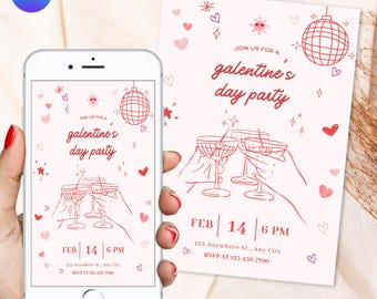 Galentine's Day Party Invitation, Pink Hearts, Editable Canva Template, Digital Download