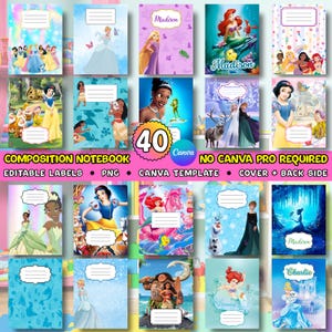Puede incluir: Una colecci&oacute;n de cuadernos de composici&oacute;n con varios dise&ntilde;os de princesas de Disney. Cada cuaderno presenta una princesa diferente, con un espacio para una etiqueta de nombre. Los cuadernos son de varios colores, incluyendo azul, rosa y verde.