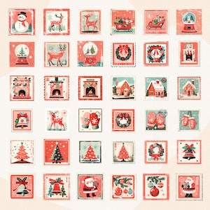 May include: A collection of square Christmas-themed postage stamps. The stamps feature festive illustrations of snowmen, reindeer, snow globes, wreaths, houses, bells, Christmas trees, Santa Claus, and ornaments. The color palette includes red, white, and green.