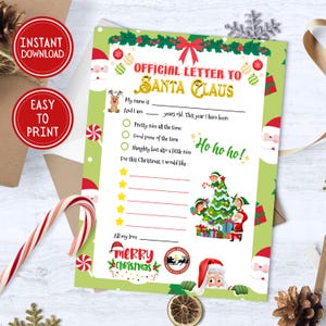 Carta a Papá Noel para imprimir, cartas con la lista de deseos de Papá Noel, carta de Navidad, fácil de imprimir, carta con sobre, tamaño A4/carta, descarga instantánea