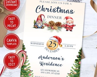 May include: A Christmas dinner invitation with a festive design featuring a gnome and Santa Claus. The invitation is for Wednesday, December 25th at 6:30 PM at Anderson's Residence. The address is 123 Anywhere St., Any City, ST 12345. RSVP to Lynn at 123-456-7890.