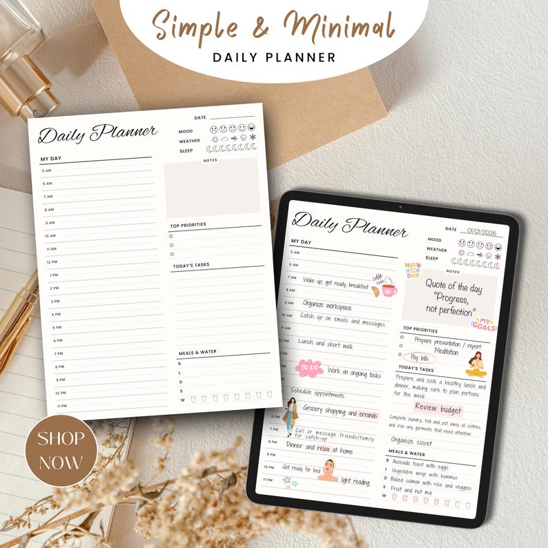 Simple Day Planner Minimalist Daily Planner, Hourly Schedule, To-do List (A4, A5, Letter ...