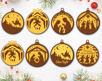 Ornamento natalizio SVG, Ornamento della Natività SVG, Palline di Natale SVG, File laser per ornamenti, File tagliato al laser per Natale, Scena natalizia SVG