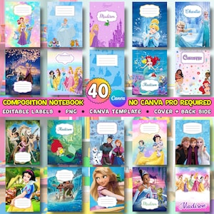 May include: A selection of composition notebooks with Disney princess illustrations. Each notebook cover showcases characters such as Cinderella, Ariel, and Elsa. The notebooks have editable labels and are Canva templates, with a variety of designs.