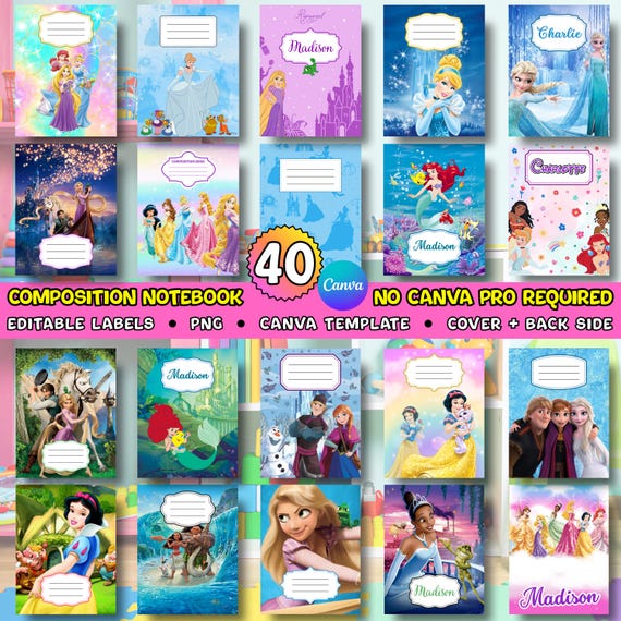 40 Princess Composition Notebook Covers Bundle, Printable Back to School, Canva Template, Custom Composition Book Cover