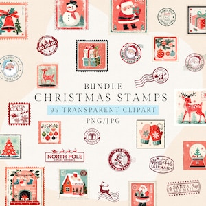 May include: A collection of Christmas-themed stamps in various shapes and sizes. The stamps feature festive illustrations of Santa Claus, snowmen, reindeer, Christmas trees, and holiday greetings. Text includes "Christmas Stamps", "North Pole", and "Santa Claus".