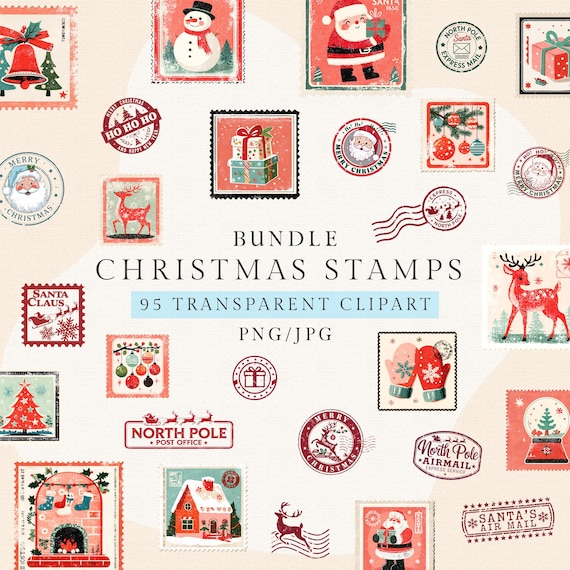 Santa Stamps Clipart, Christmas Postage Stamps PNG, Vintage Santa Mail Clipart, Merry Christmas Stamps Set, Santa Letter Scrapbooking