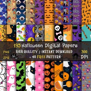 Puede incluir: Una colección de 195 papeles digitales de Halloween con varios patrones, incluyendo calabazas, fantasmas, murciélagos y sombreros de bruja. La imagen incluye el texto "195 Halloween Digital Papers" y "High Quality / Instant Download".