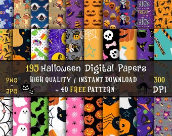 Halloween Digital Papers Bundle, Printable Halloween Scrapbook Papers, Halloween Seamless Patterns, Pumpkin, Spooky Papers, Digital Download