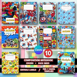 May include: A selection of composition notebooks with Marvel superhero designs. The notebooks feature characters such as Spider-Man, Captain America, and the Hulk. Some covers have the names "Jackson" and "Christopher".