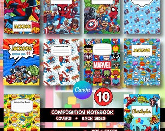 Superheroes Composition Notebook Covers, Printable Back to School Canva Template, Custom Composition Book Cover, Instant Download