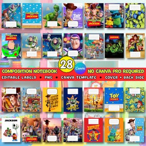 May include: A collection of 28 composition notebooks featuring various characters from the Toy Story franchise. The notebooks have colorful covers with images of Woody, Buzz Lightyear, and other characters. Each notebook has a white label area.