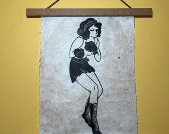 Knockout - American Traditional Female Boxer Pinup Lino Print on Handmade Mulberry Paper (9” x 12”)