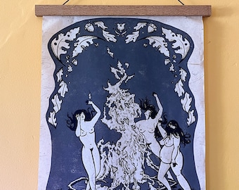 Kupala 2 Color Lino Print, linocut relief print