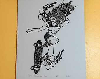 Limited Edition American Traditional Tattoo Pinup Lino Cut Print - 'Drain the Pool' - Skateboard Art