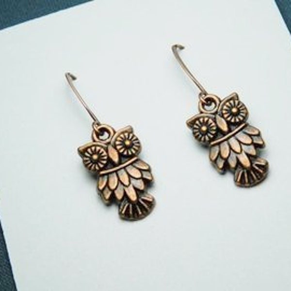 Little Owl Antique Copper Earrings Long antique copper ear wires/ owl gift/ woodland gift/ Bird gift/ wilderness/ owl feathers/ birthday