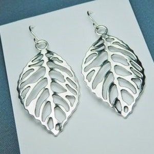 2" long solid charms Cut Out Leaf Earrings Sterling silver ear wires Woodland Botanical Statement Art Deco Bohemian Boho Birthday Shiny Gift