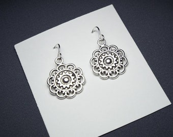 Filigree Flower Mandela Silver Earrings Sterling silver ear wires