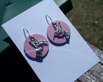 1" charm Pink Disc Hummingbird Silver Earrings Sterling silver ear wires Woodland bird statement bohemian Geometric Art Deco Layered Gift