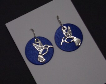 1" charm Royal Blue Hummingbird Silver Earrings Sterling silver ear wires Woodland bird statement bohemian Geometric Art Deco Layered Gift