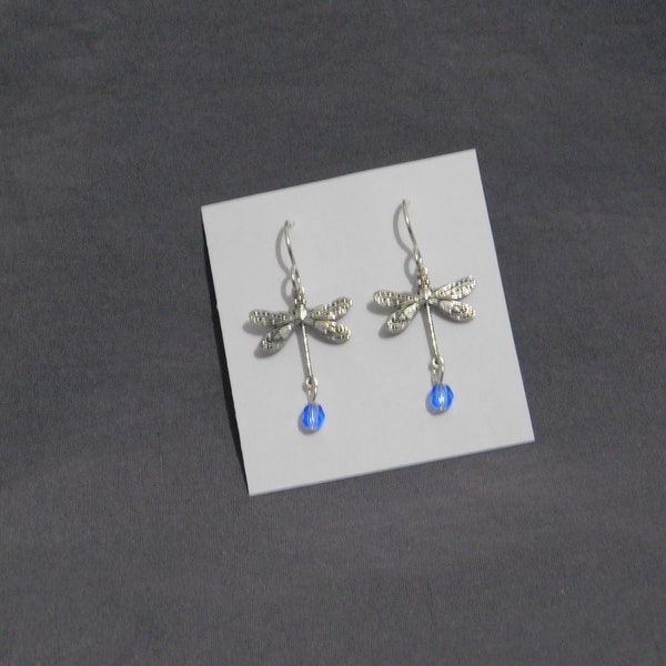 1" charm Sapphire or Hematite Dragonfly Earrings Sterling silver ear wires Sterling USA Dragonfly Wings Birthday art deco artisan bohemian