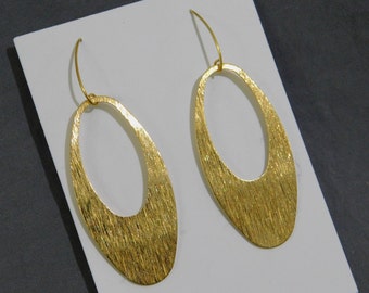 Brushed Raw Brass Hoop Earrings, Long Elfish Leaf Wires