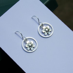 Floral Hoop Earrings, Tiny Daisy, Sterling Silver Wires, Bohemian Style
