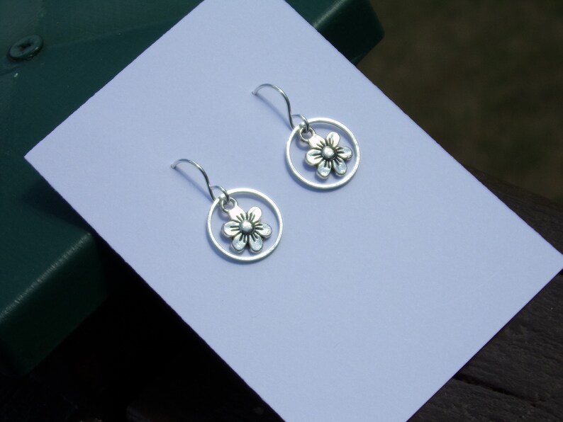 1/2 3/4 1 hoop choice Tiny Floral Flower Daisy Garden Silver Earrings Sterling silver ear wires Bohemian Botanical Geometric Art deco image 1