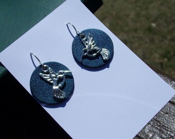 1" charm Teal Disc Hummingbird Silver Earrings Sterling silver ear wires Woodland bird statement bohemian Geometric Art Deco Layered Gift