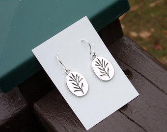 3/4" charm Plant Leaf Branch Oval Earrings Sterling silver ear wires Bohemian art deco geometric art nouveau botanical woodland geometric