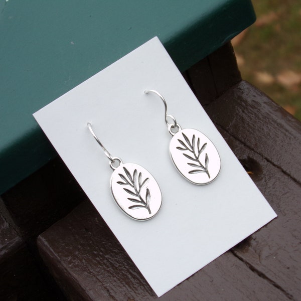 3/4" charm Plant Leaf Branch Oval Earrings Sterling silver ear wires Bohemian art deco geometric art nouveau botanical woodland geometric