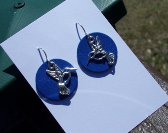 1" charm Royal Blue Hummingbird Silver Earrings Sterling silver ear wires Woodland bird statement bohemian Geometric Art Deco Layered Gift